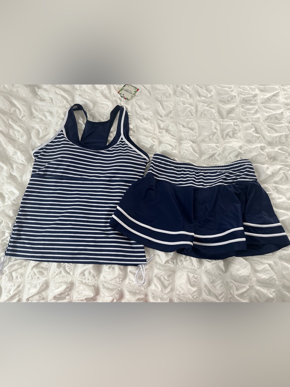 Navy & White Stripe Tankini Top with Swim Skirt
